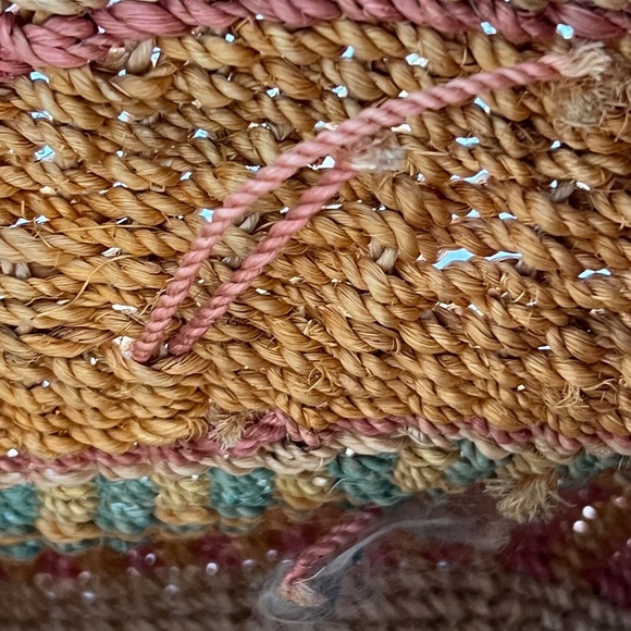 Woven Sisal String Shoulder Bag  with Leather Straps Beige Orange Button Closure - Picture 7 of 8